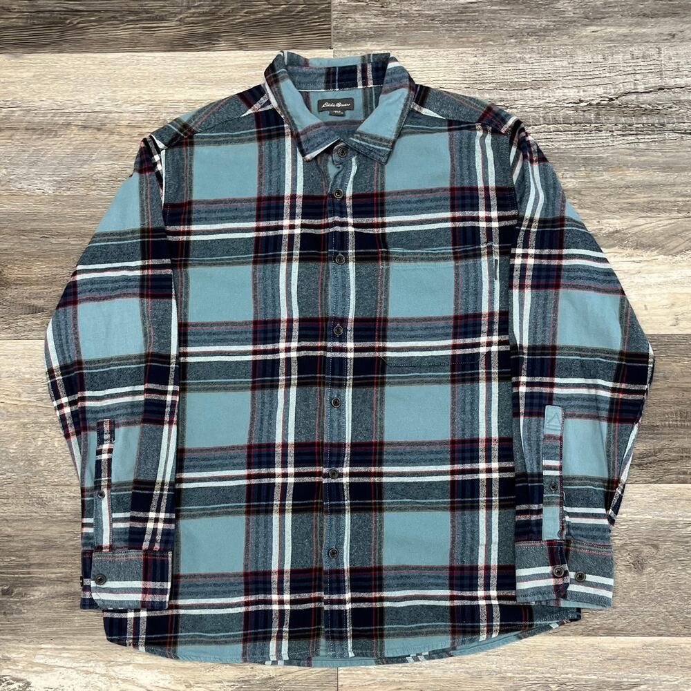 Eddie Bauer Light Blue and Navy Plaid Button-Up Shirt